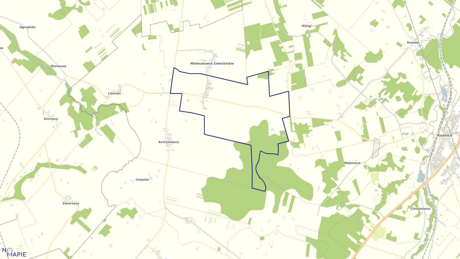 Mapa obrębu MIELESZKOWCE PAWŁOWICKIE w gminie Kuźnica